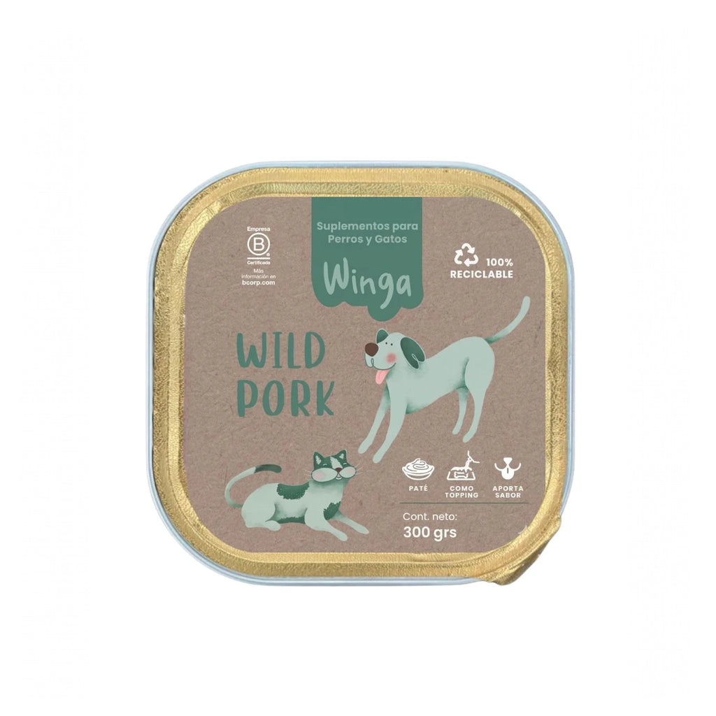 Winga Paté Wild Pork para Perros en envase de 300 g, paté de cerdo con tapa reciclable e ilustraciones de perro y gato.