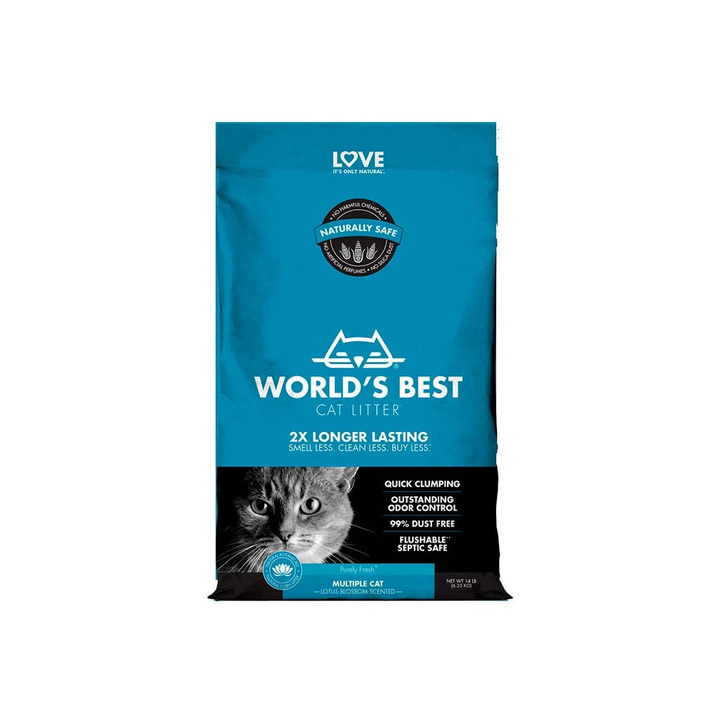 Bolsa de Arena Sanitaria Natural World's Best Flor de Loto, arena para gatos de origen natural con control de olores y bajo polvo.