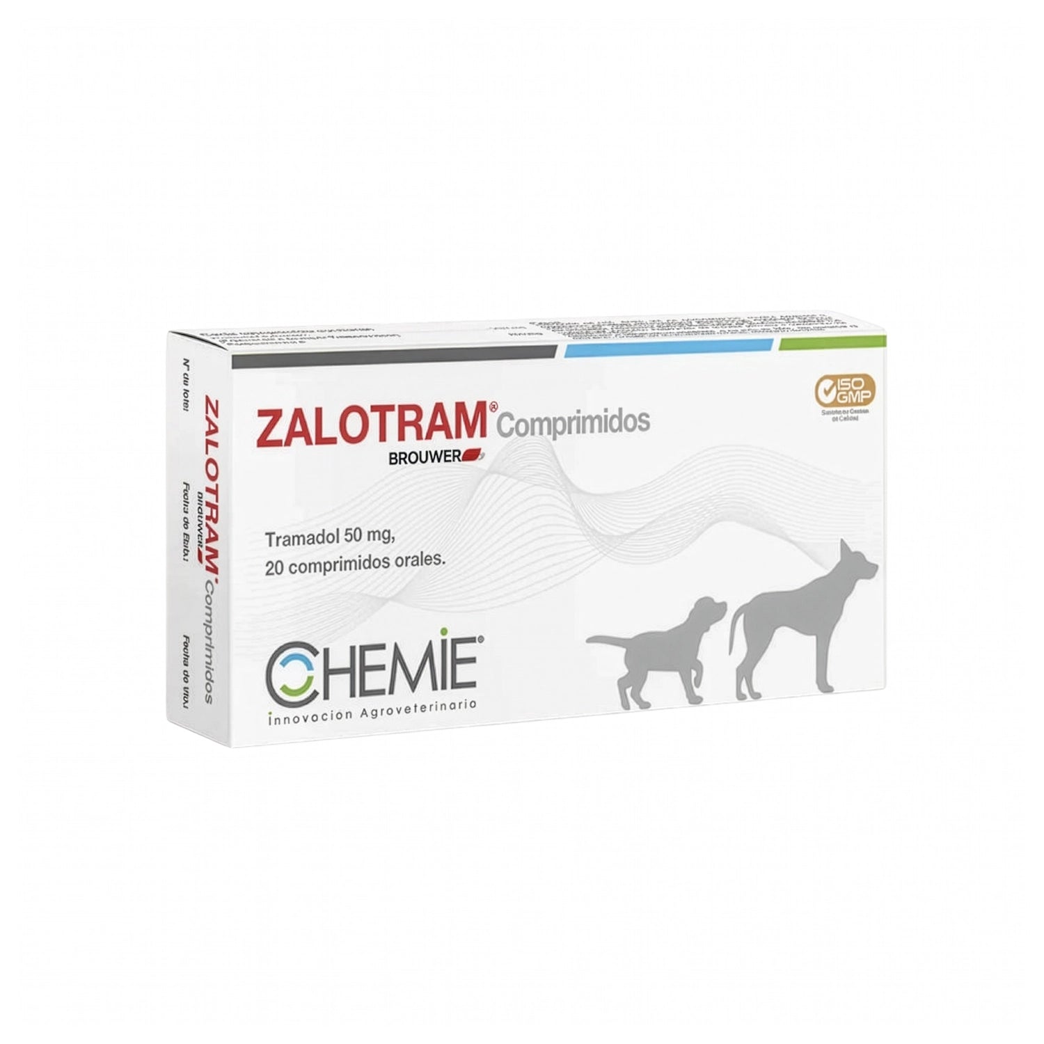 Zalotram 50 mg x 20 Comprimidos, medicamento veterinario con tramadol 50 mg en caja blanca para perros y gatos.