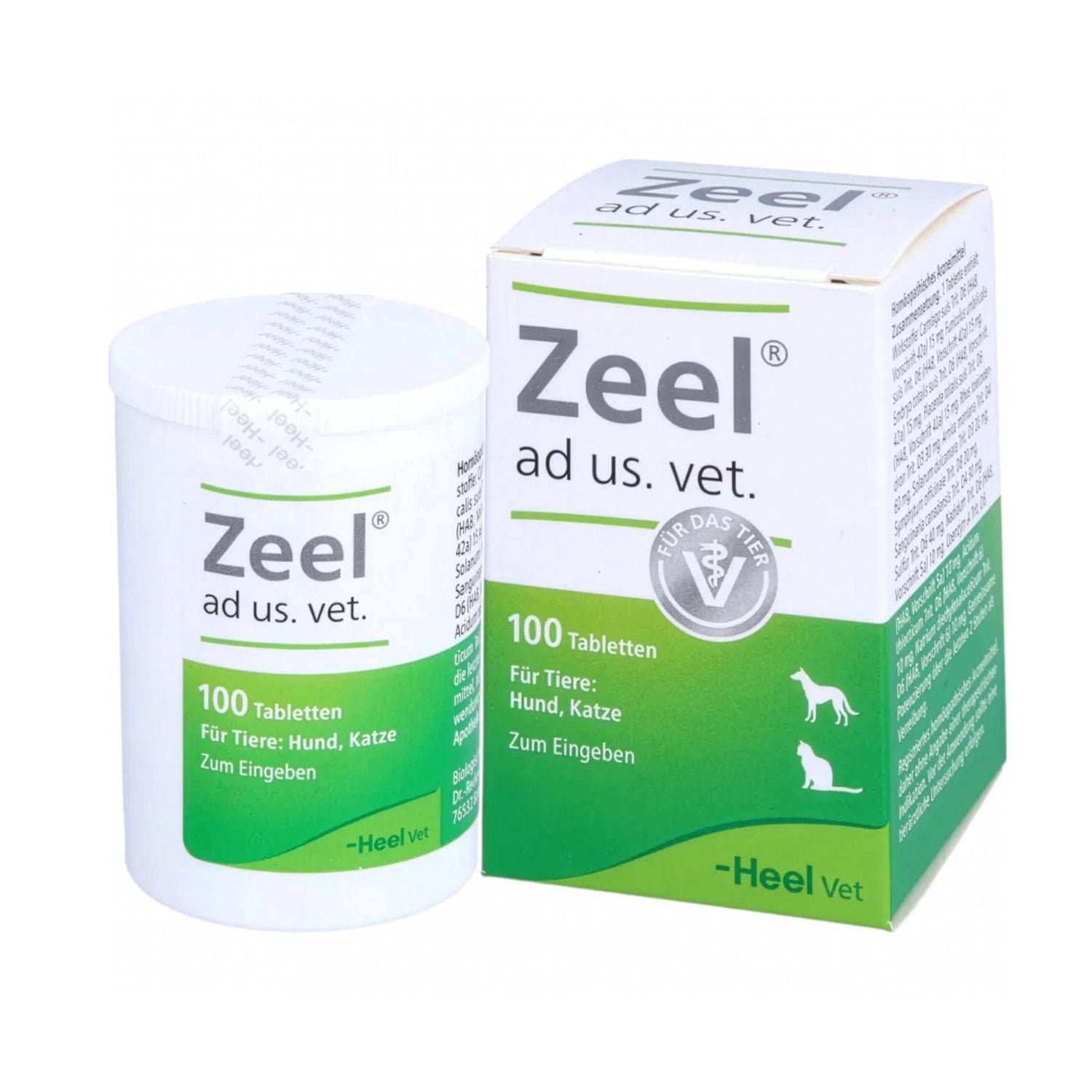 Producto Heel Vet Zeel con frasco y empaque veterinario para perros y gatos, presentación de 100 tabletas.